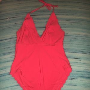 NEW bright red one piece with scalloped edges